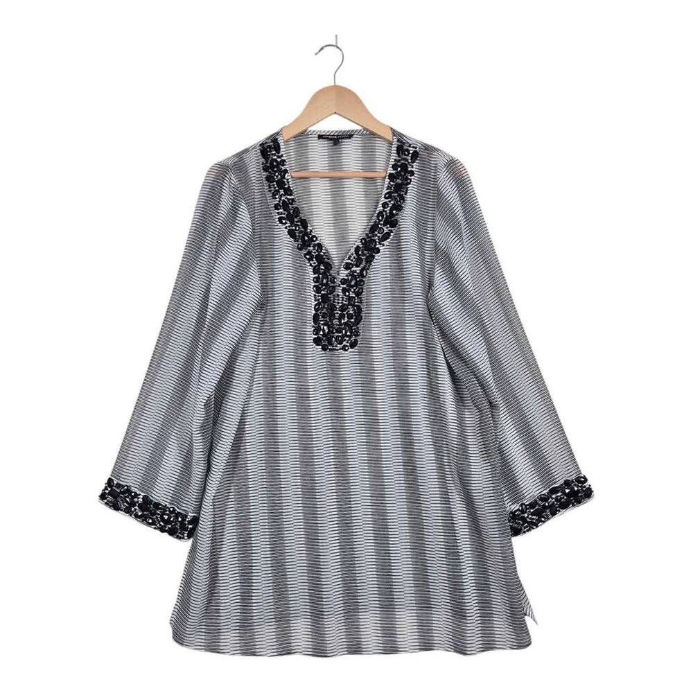 Adrienne Vittadini Beaded Tunic Top L Black Off White Stripe Blouse